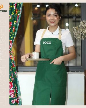 Tạp dề quán trà sữa mẫu nền xanh có logo