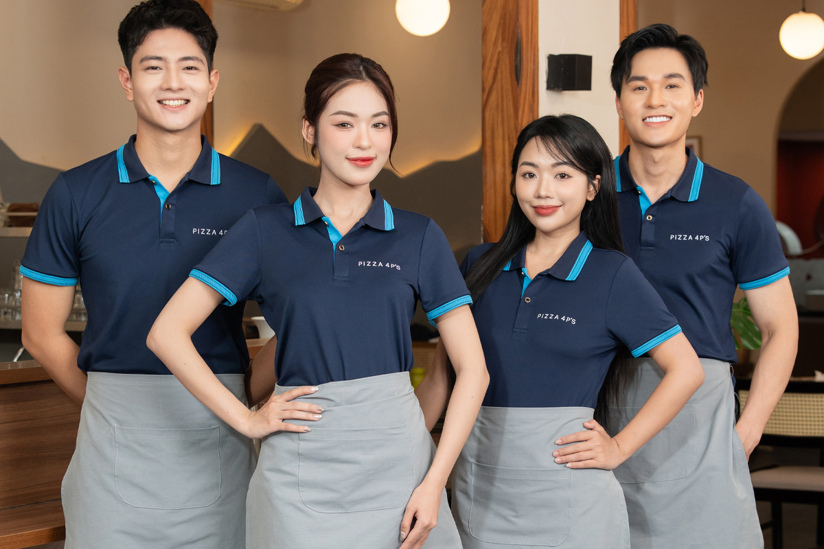May đồng phục nhân viên chạy bàn bằng vải thun cá sấu