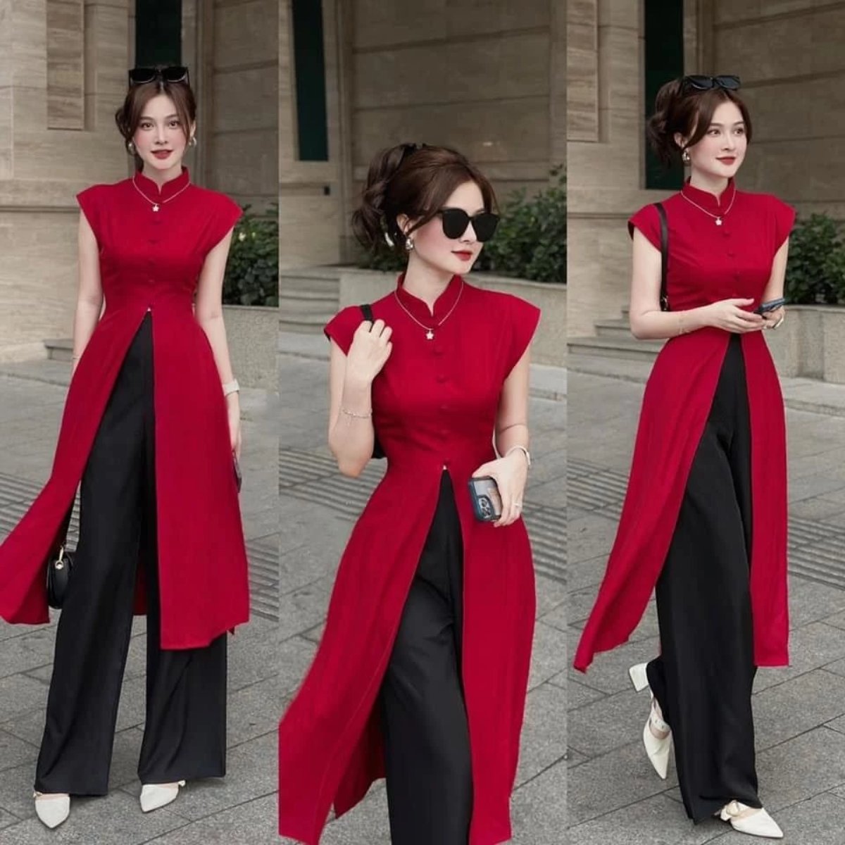 Áo dài tà ngắn phối quần tây năng động hiện đại