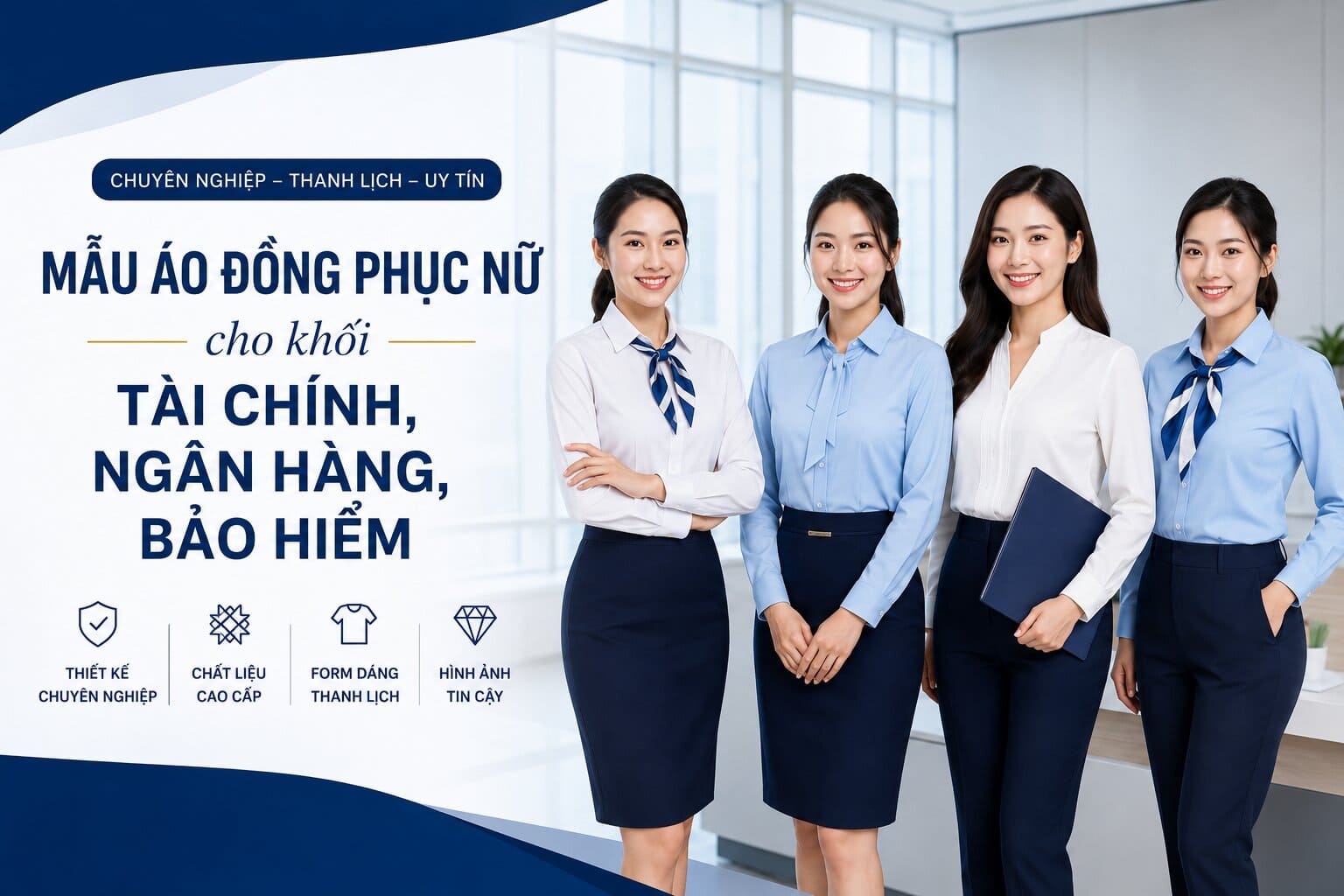 Đồng phục nữ ngành tài chính cần thể hiện sự chỉn chu, chuyên nghiệp và đáng tin cậy trong từng chi tiết