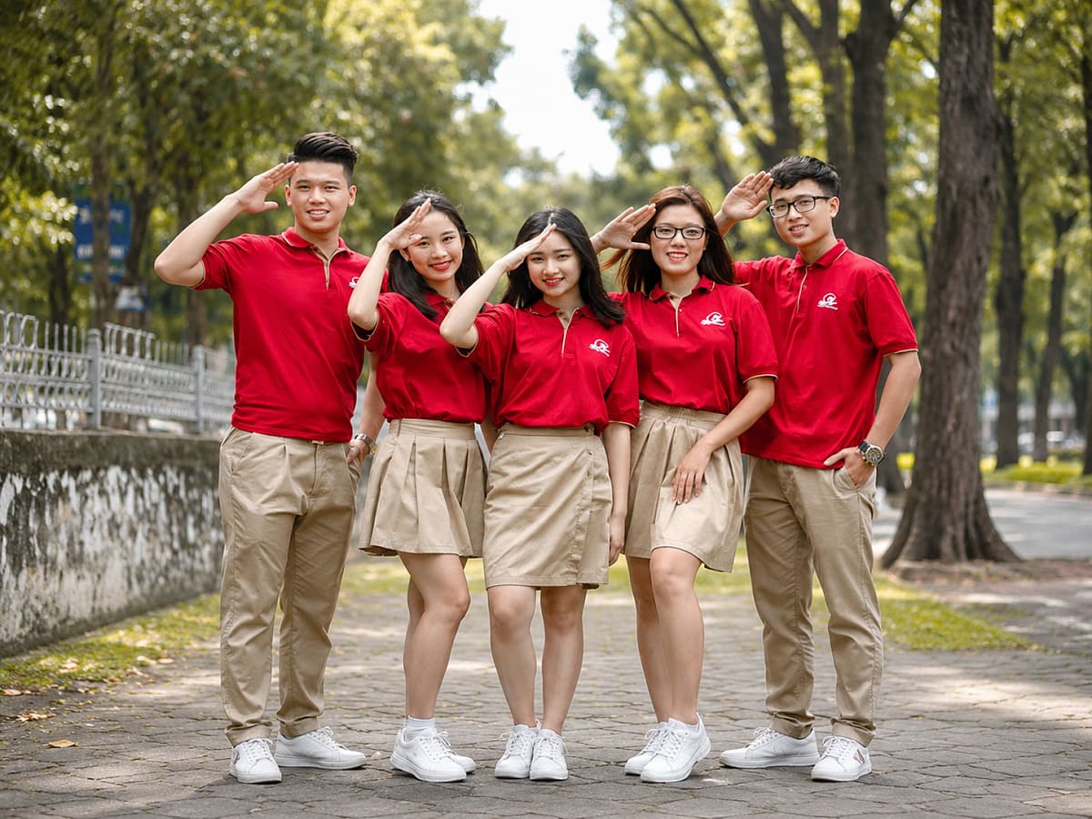 Đồng phục cấp 3 áo polo đỏ tươi phối cùng chân váy
