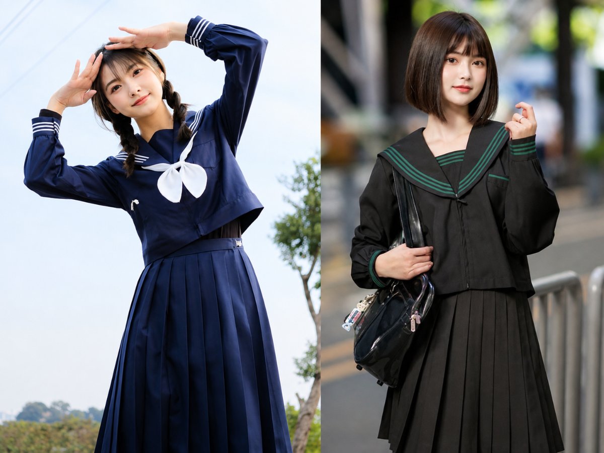 Đồng phục Sailor Fuku nữ sinh với cổ thủy thủ và chân váy xếp ly