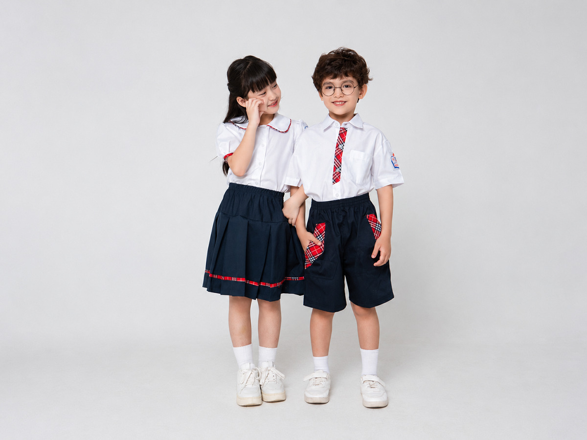 Đồng phục sơ mi cộc tay phối cùng kẻ caro đỏ nổi bật