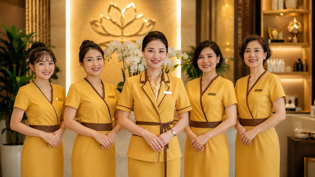 Đồng phục spa màu vàng của quản lý nên có điểm khác biệt với vị trí nhân viên