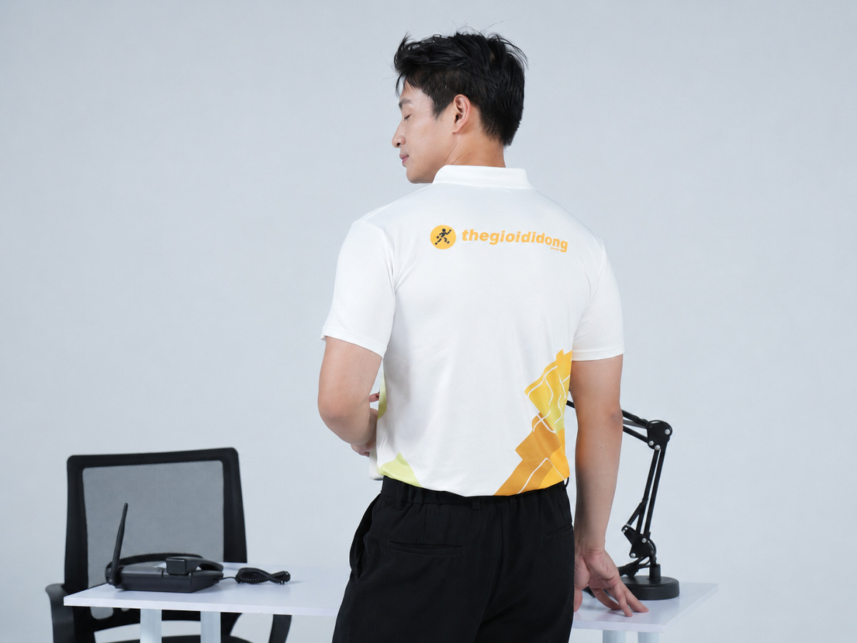 Đồng phục Thế giới di động áo polo phối màu trắng - vàng chuẩn nhận diện