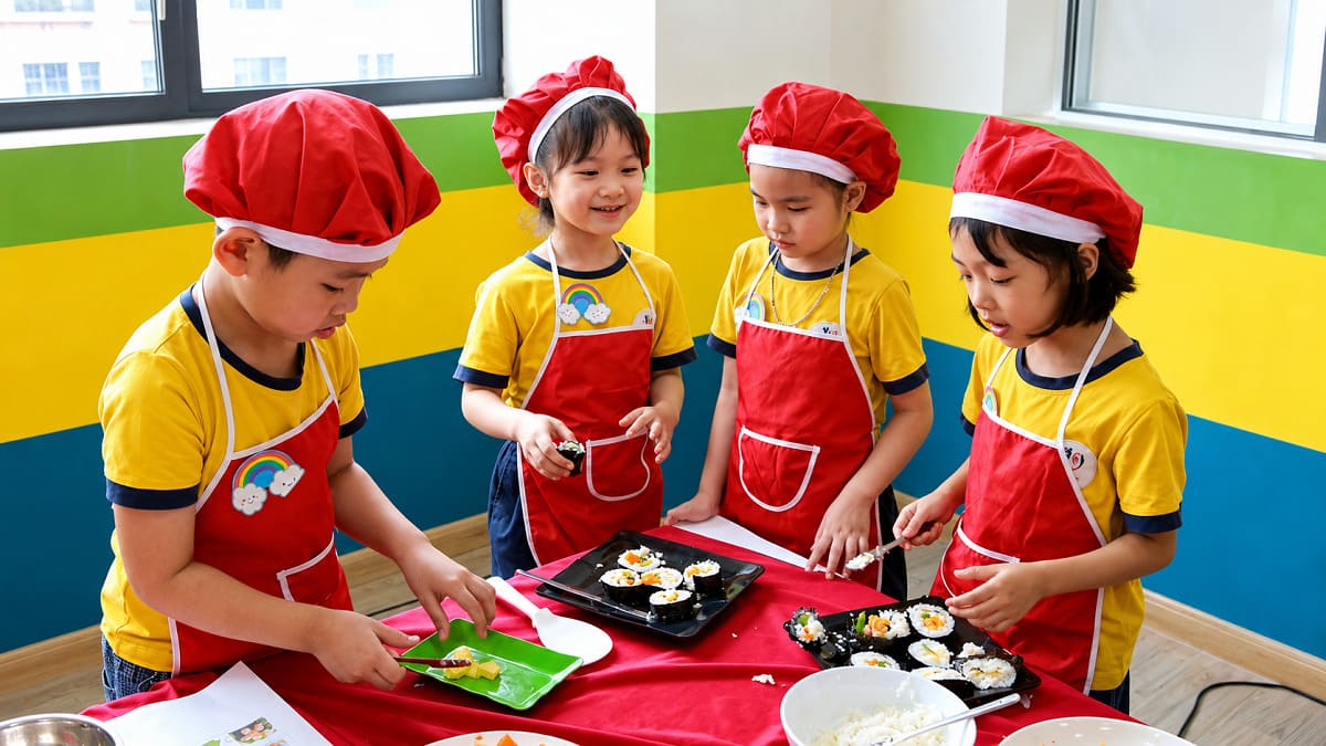 Trang phục đầu bếp trải nghiệm cho bé nhí có thể dùng màu sắc sinh động