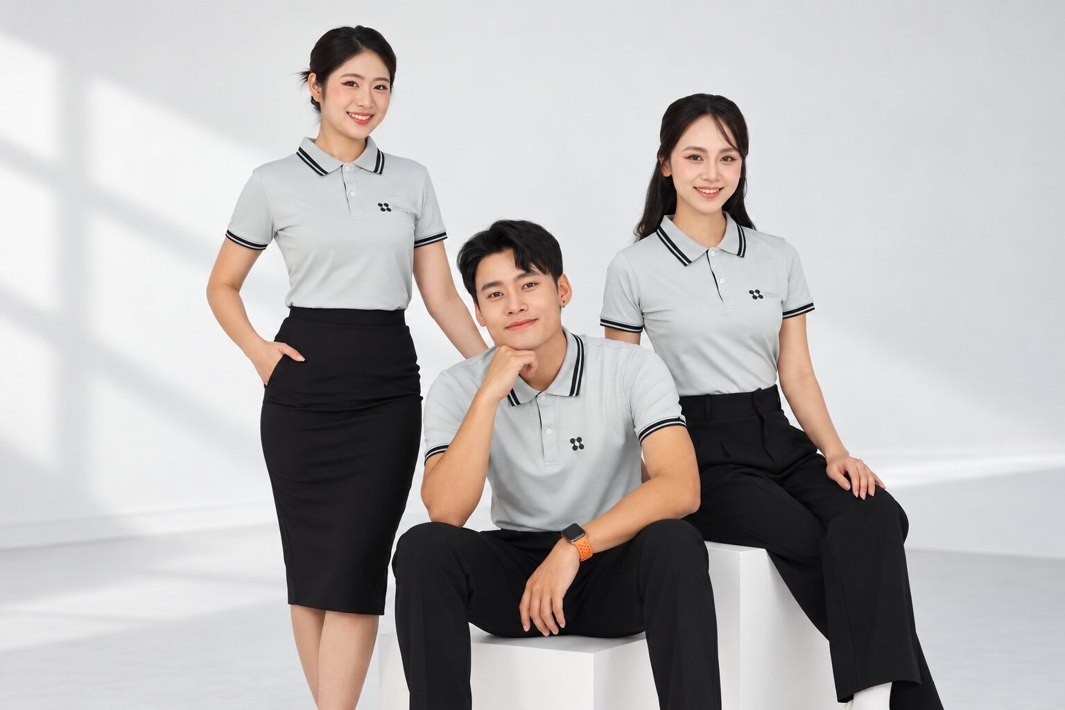 Polo xám sáng phối bo cổ và bo tay kẻ đen trắng tạo diện mạo đồng phục hiện đại, thanh lịch