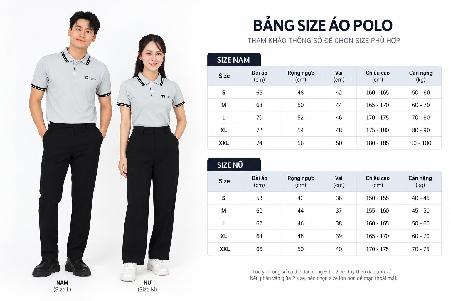 Bảng size nam nữ giúp lựa chọn áo polo phù hợp theo chiều cao và cân nặng