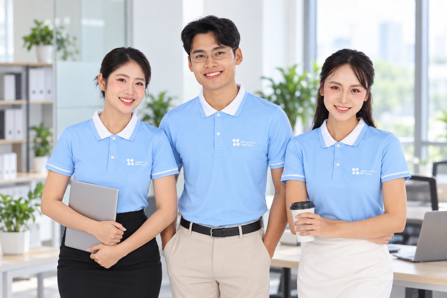 Áo đồng phục xanh phối trắng cổ bẻ thanh lịch, hiện đại