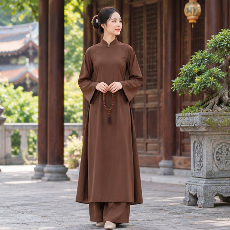 Áo dài nâu dành cho Phật tử mang vẻ đẹp nền nã, thanh lịch với thiết kế kín đáo và màu sắc trầm dịu