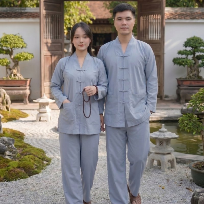 Áo lam truyền thống gây ấn tượng với gam màu dịu mắt, hàng khuy phía trước và phom áo kín đáo