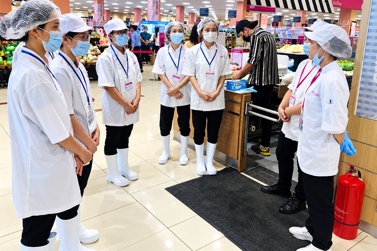 Đồng phục khu tiếp nhận nguyên liệu nên kết hợp với ủng chống trượt 