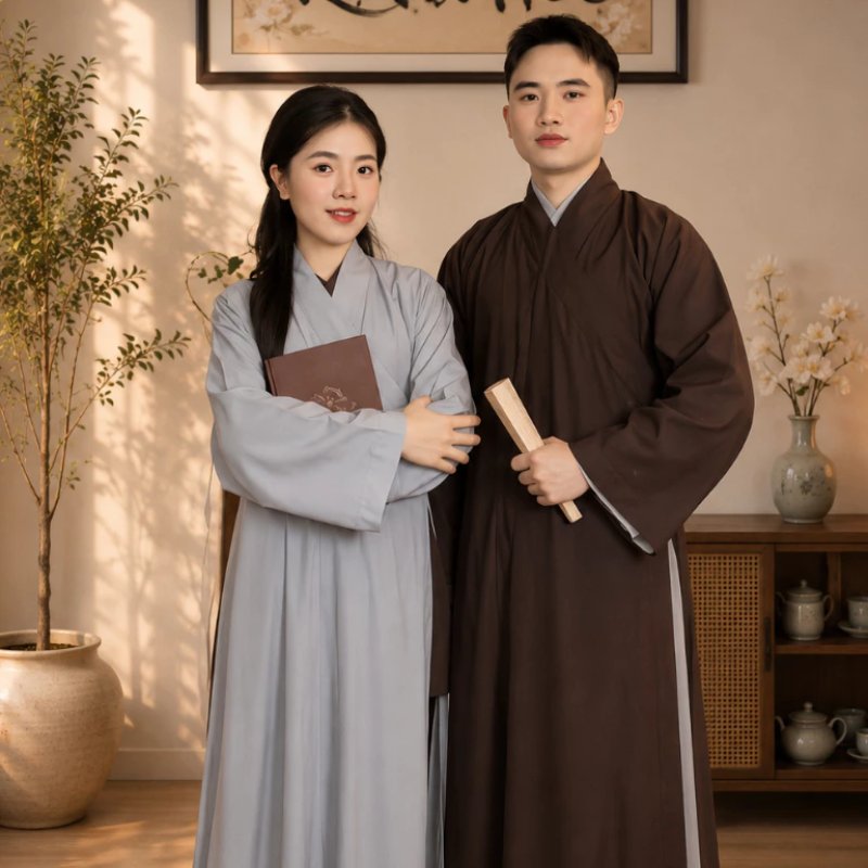 Pháp phục cách tân nổi bật với phom suông rộng, đường nét tối giản và bảng màu nhẹ nhàng