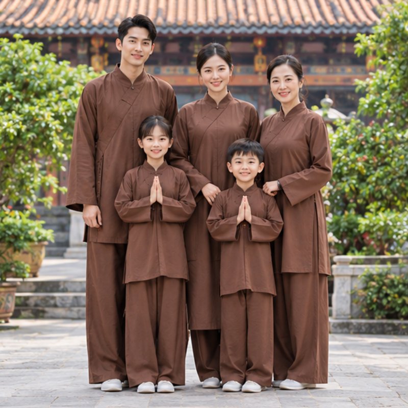 Trang phục cùng tông màu giúp các thành viên trong gia đình tạo nên khung hình lưu niệm hài hòa khi đi lễ chùa